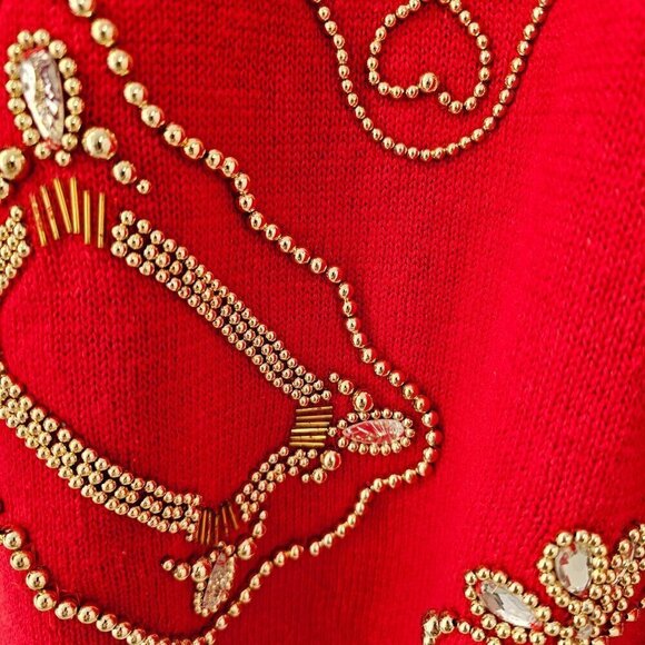 Victoria Jones Red Crewneck Sweater Womens L Gold Beading Cotton Knit 80s - Picture 6 of 9
